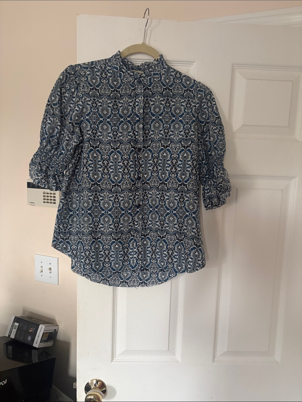 Go by Go Silk Blue Patterned Mock-Neck Blouse